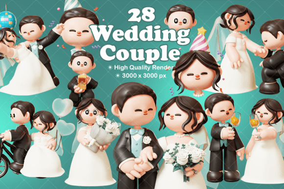 3D Cute Wedding Couple: Groom and Bride Illustrations