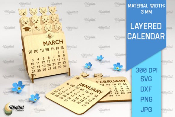 3D Layered Calendar Laser Cut. Cat SVG: A Creative Design Asset