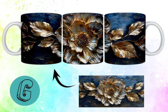 3D Oil Paint Gold Flower Mug Wrap 08