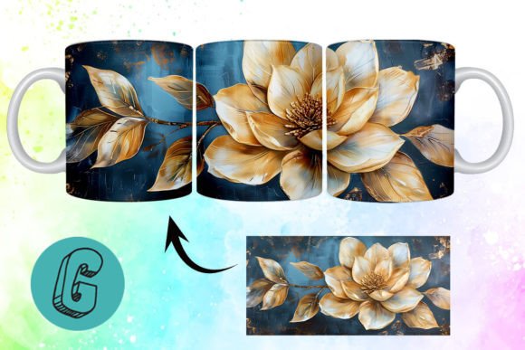3D Oil Paint Gold Flower Mug Wrap: A Premium Design Asset