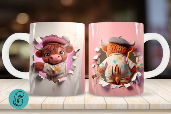 3D V-day Artist Highland Cow Mug Wrap 04: A Charming Design Asset