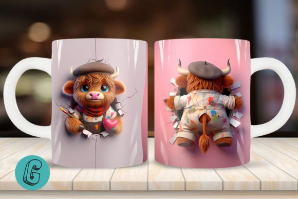 3D V-day Artist Highland Cow Mug Wrap