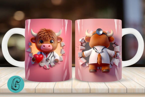 3D V-day Doctor Highland Cow Mug Wrap: Creative Digital Download