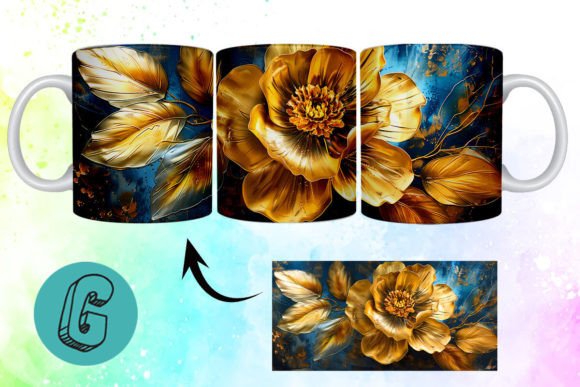 Stunning 3D Oil Paint Gold Flower Mug Wrap Design