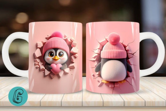 Valentine Penguin 3D Mug Wrap: A Charming Creative Asset