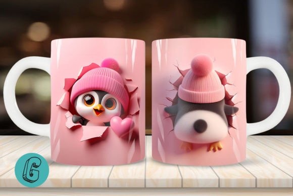 Valentine Penguin 3D Mug Wrap: A Charming Design Asset
