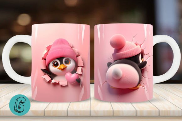 Valentine Penguin 3D Mug Wrap: A Charming Design Asset
