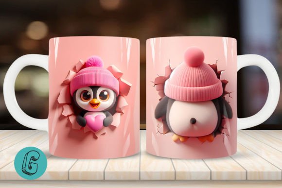 Valentine Penguin 3D Mug Wrap: Creative Design Asset